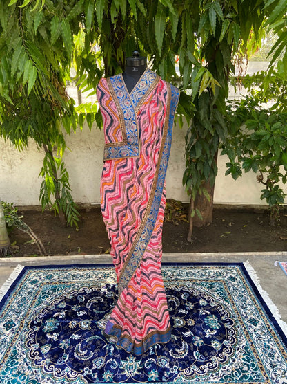 Pink multicolor lehariya antique border saree