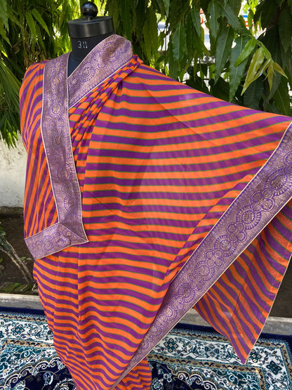 Orange rani multicolor lehariya antique border saree