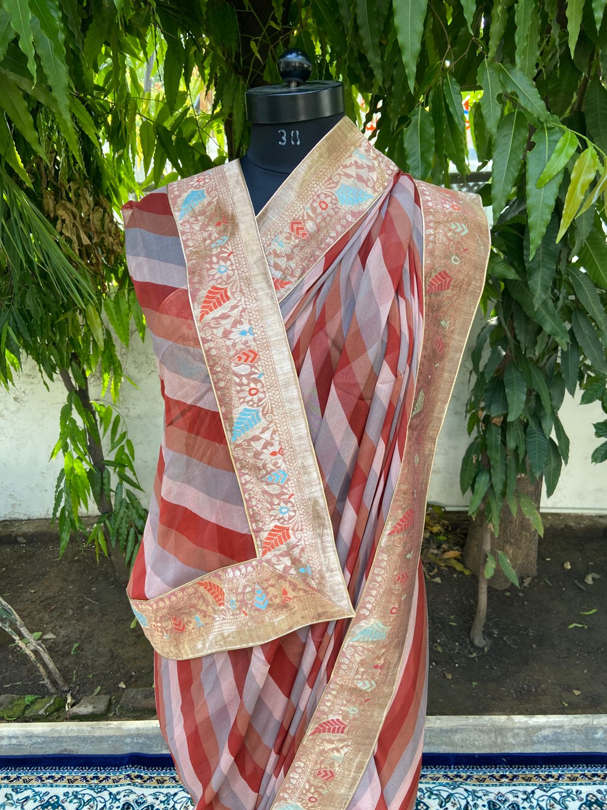 Red orange multicolor lehariya antique border saree