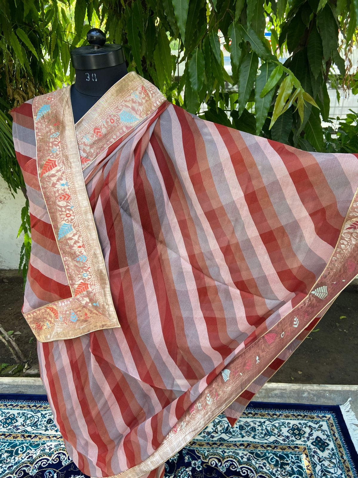 Red orange multicolor lehariya antique border saree