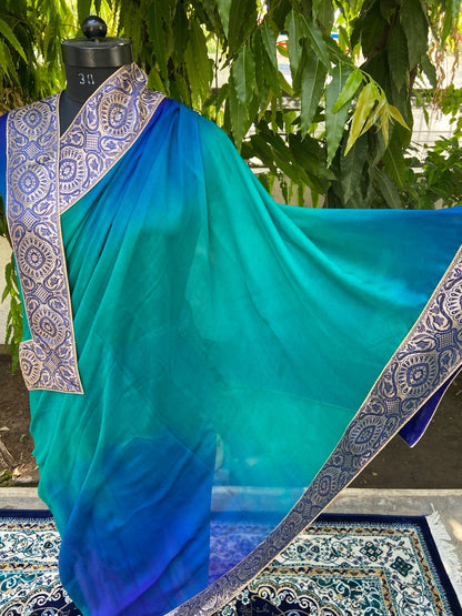 Blue to sea green shaded antique border saree