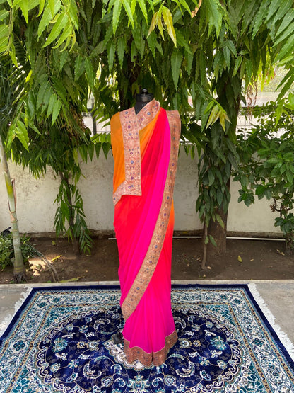 Orange to red-rani shaded antique border saree