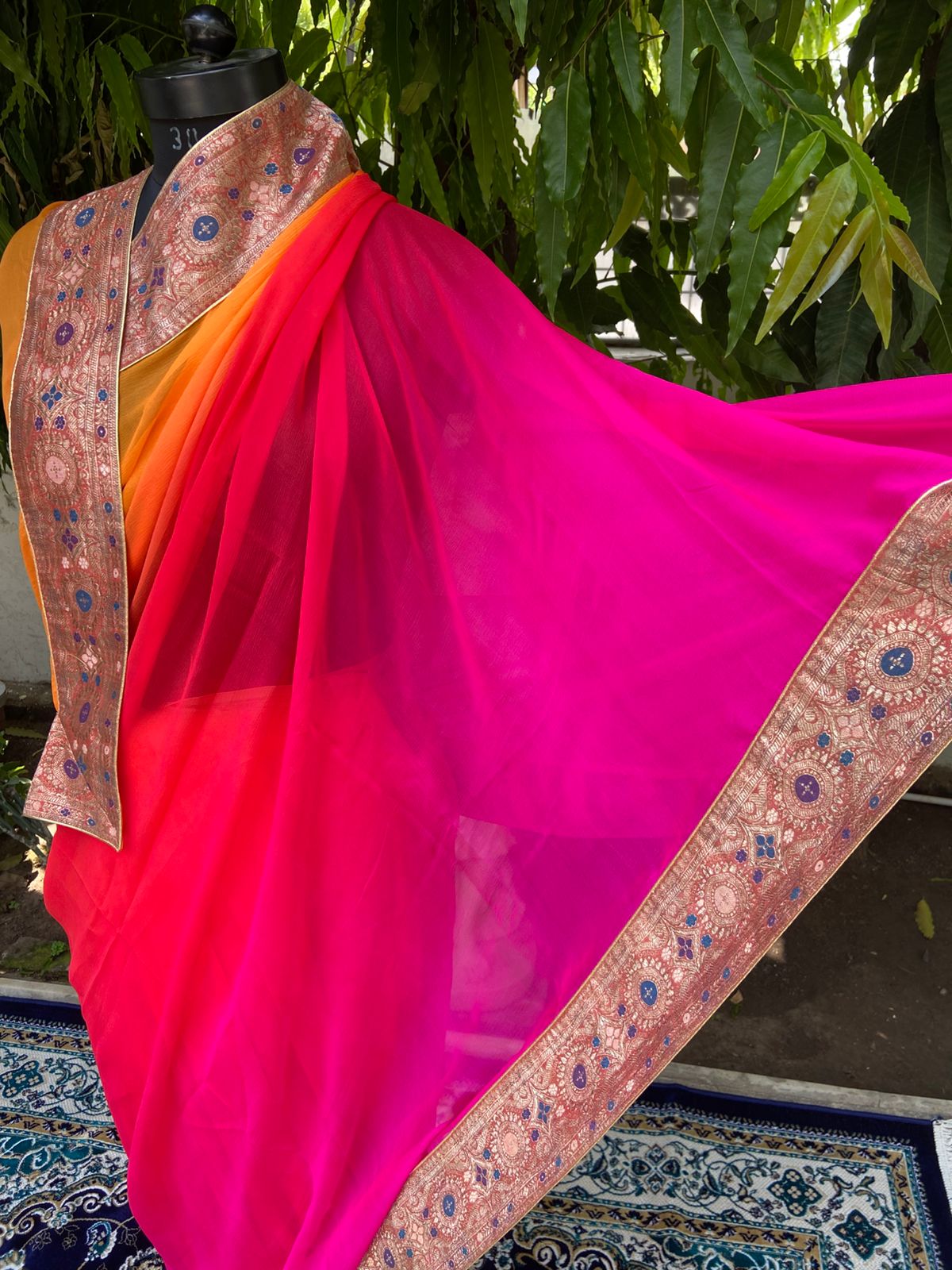 Orange to red-rani shaded antique border saree