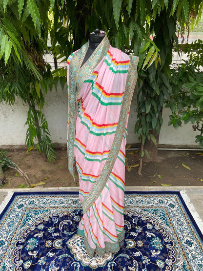 Blush pink lehariya antique border saree