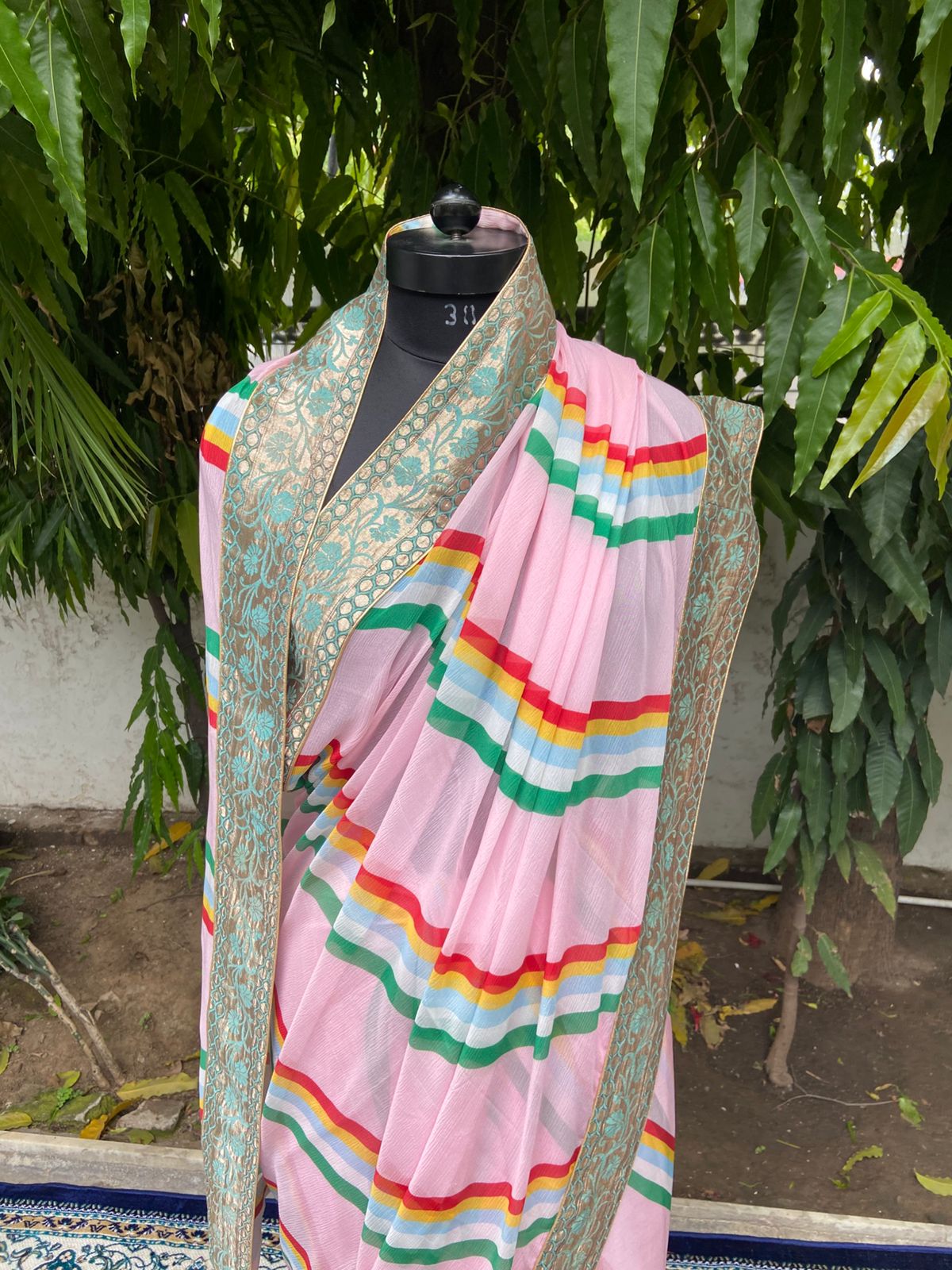 Blush pink lehariya antique border saree