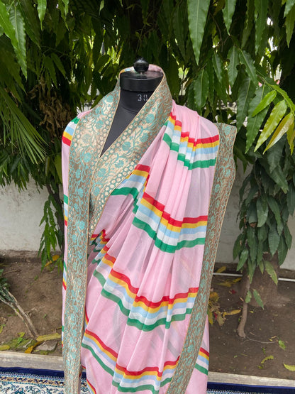 Blush pink lehariya antique border saree