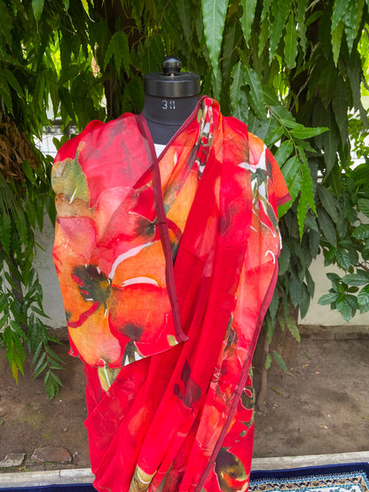 Red Floral Printed French Chiffon