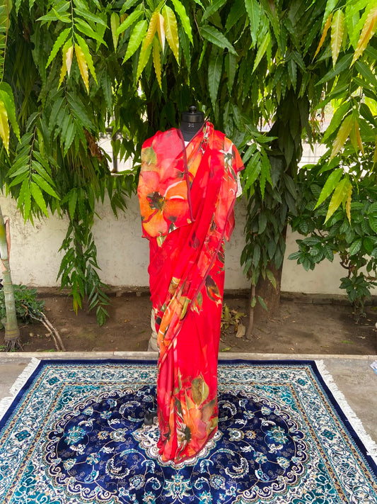 Red Floral Printed French Chiffon