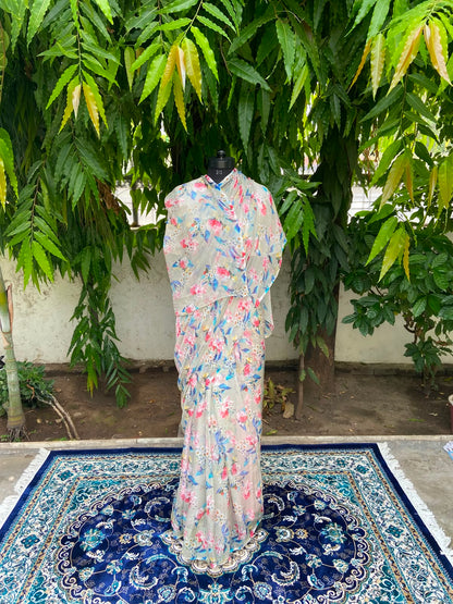 Sage Green Floral Printed French Chiffon