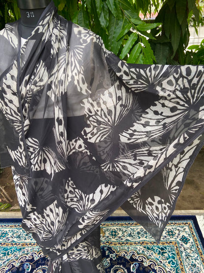 Black Printed French Chiffon Saree