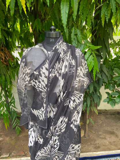 Black Printed French Chiffon Saree