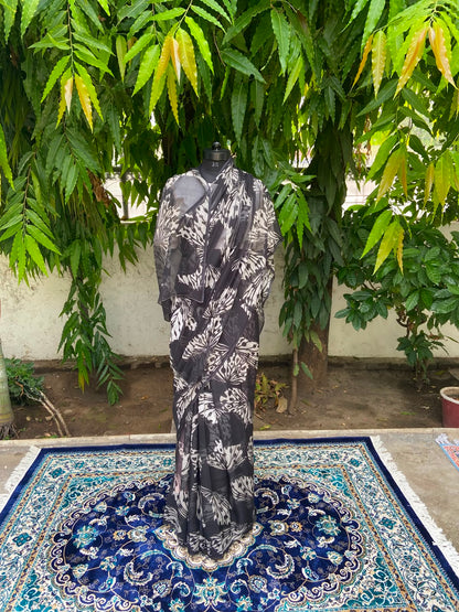 Black Printed French Chiffon Saree