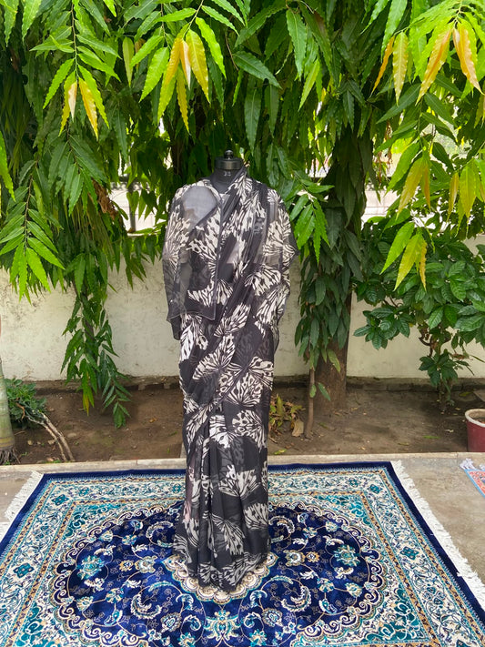 Black Printed French Chiffon Saree