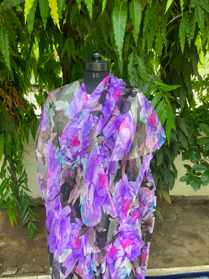 Purple Floral Printed French Chiffon Saree