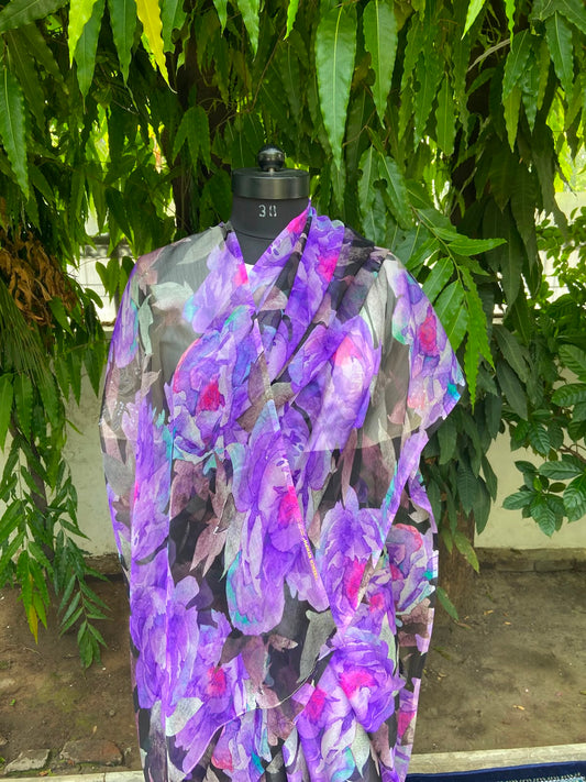 Purple Floral Printed French Chiffon Saree
