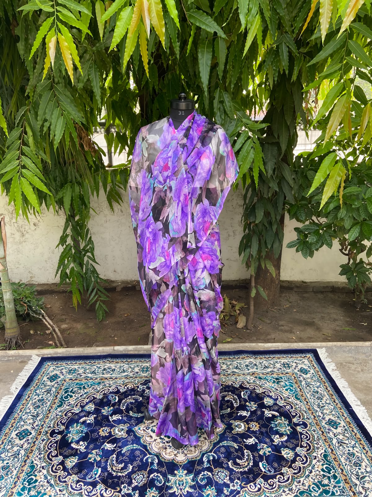 Purple Floral Printed French Chiffon Saree