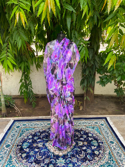 Purple Floral Printed French Chiffon Saree