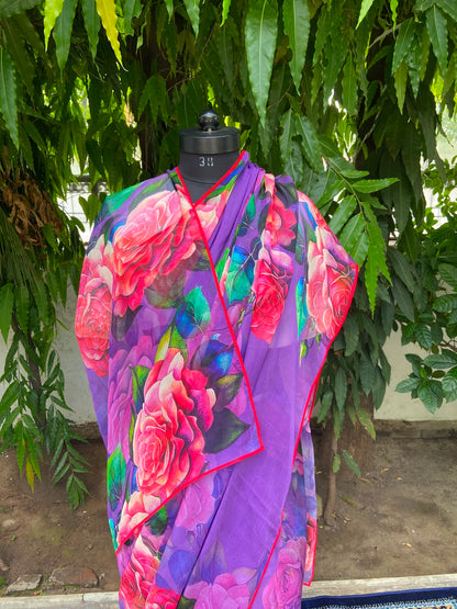 Purple Rose Floral Printed French Chiffon Saree