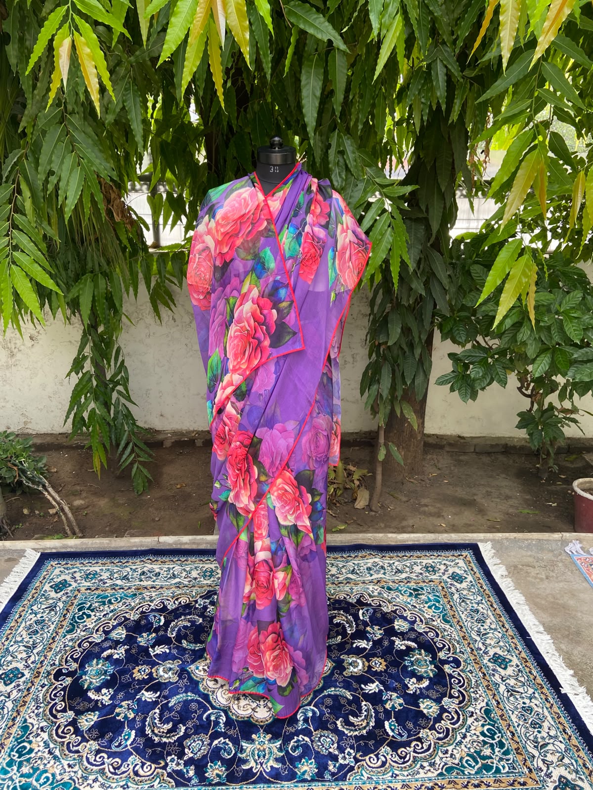 Purple Rose Floral Printed French Chiffon Saree