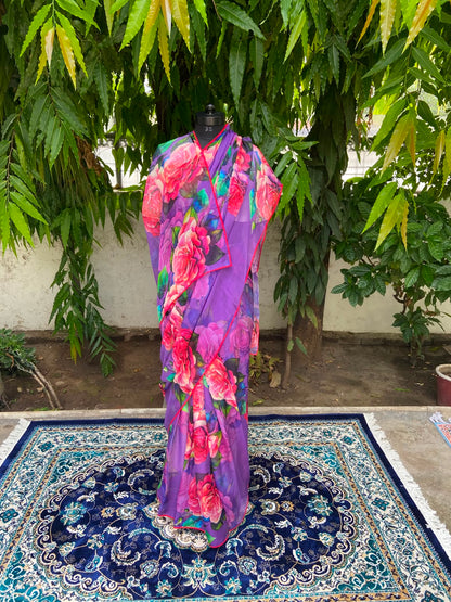 Purple Rose Floral Printed French Chiffon Saree
