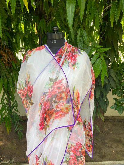 White Floral Printed French Chiffon Saree