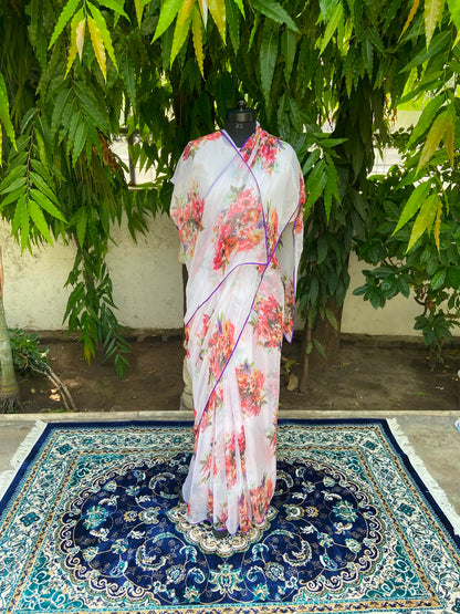 White Floral Printed French Chiffon Saree