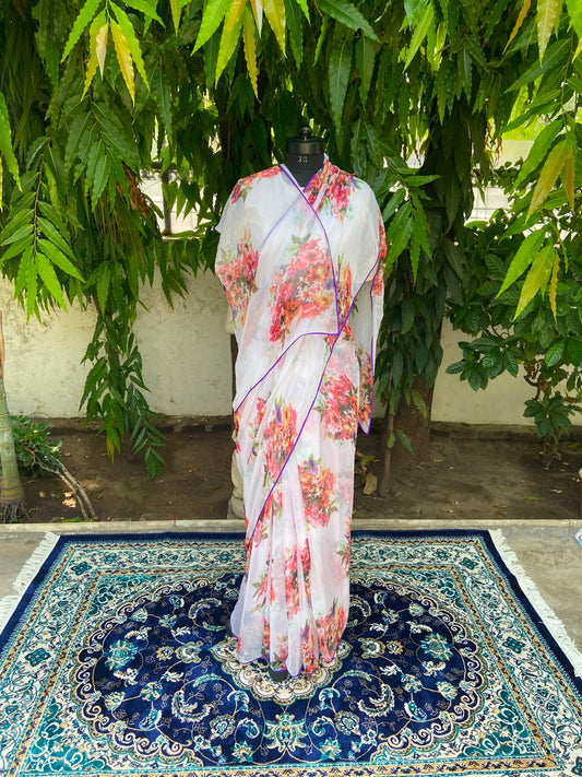 White Floral Printed French Chiffon Saree