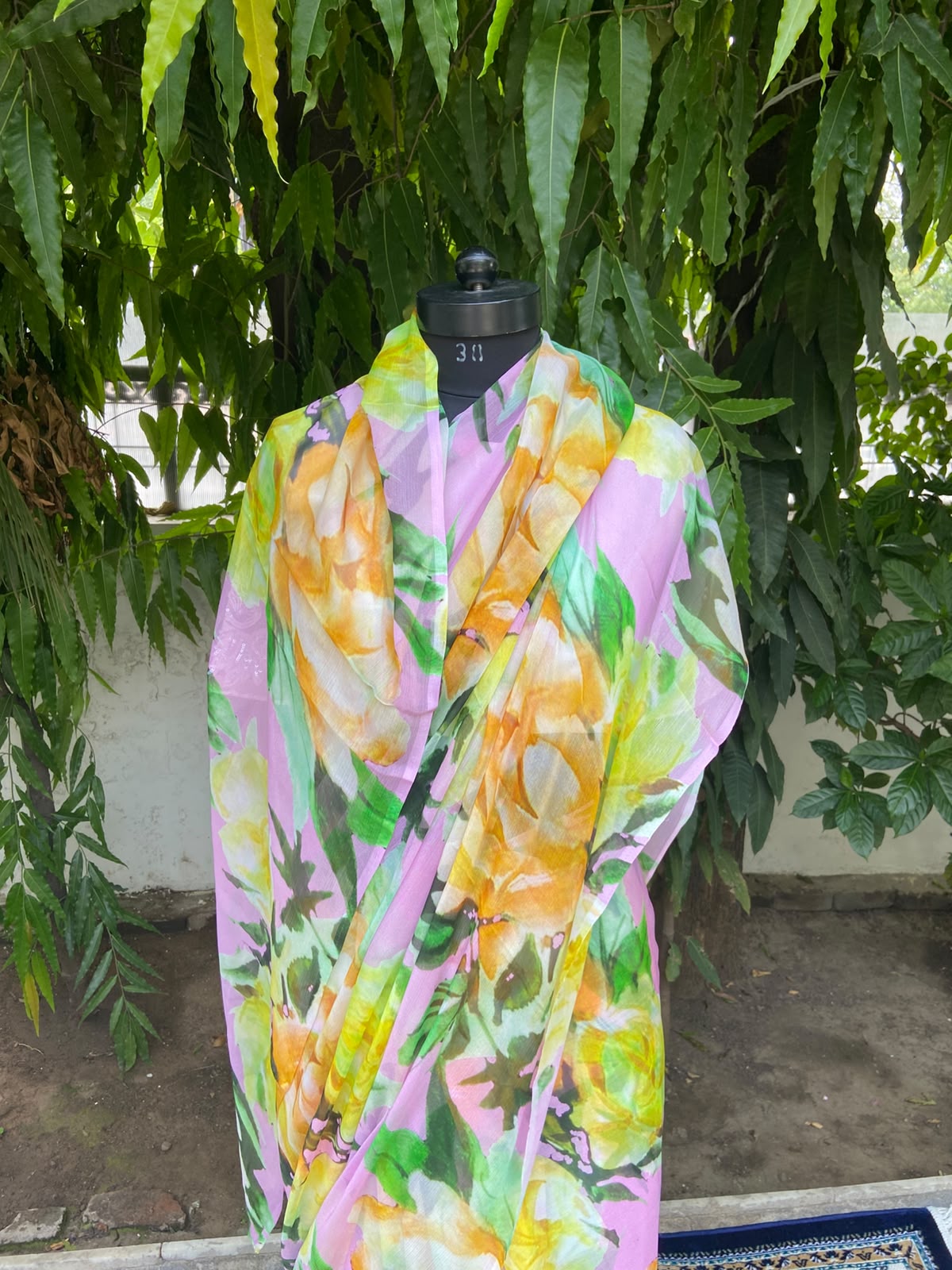 Pink Floral Printed French Chiffon Saree