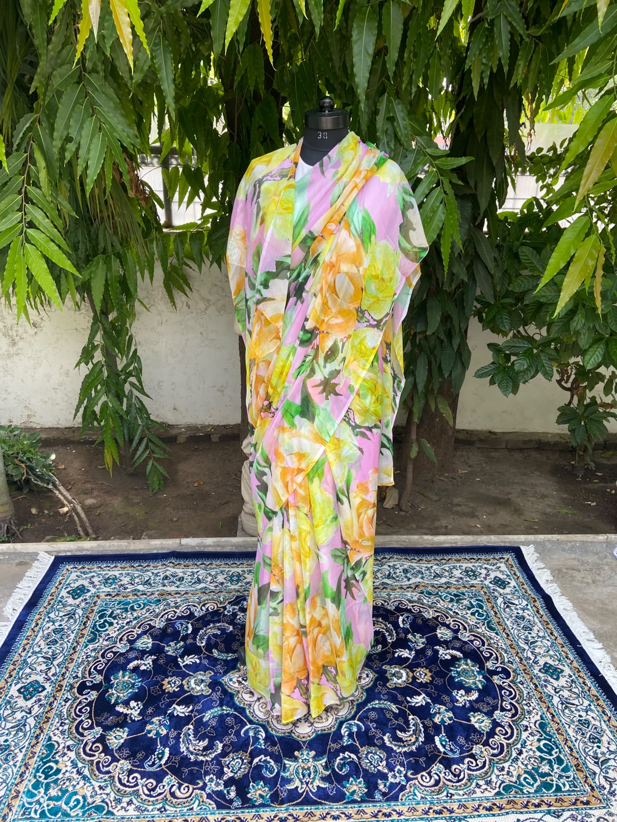Pink Floral Printed French Chiffon Saree