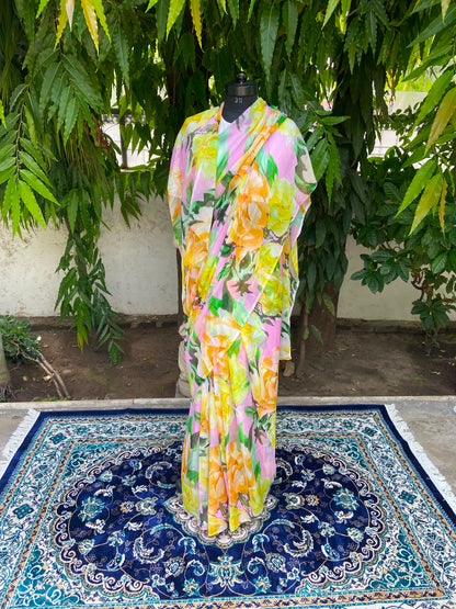 Pink Floral Printed French Chiffon Saree