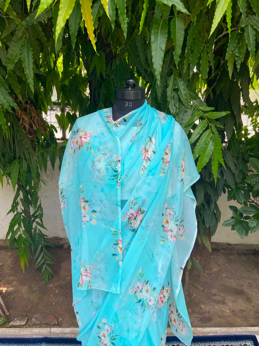 Cyan Printed French Chiffon Saree