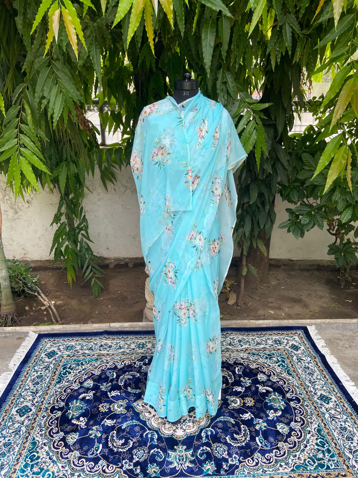 Cyan Printed French Chiffon Saree