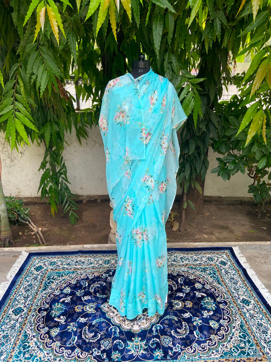Cyan Printed French Chiffon Saree