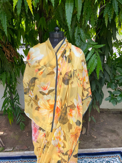 Yellow Printed French Chiffon Saree