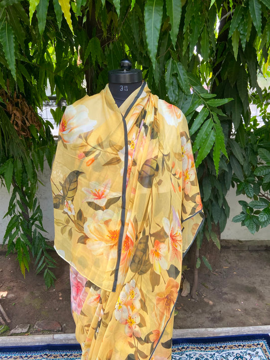Yellow Printed French Chiffon Saree