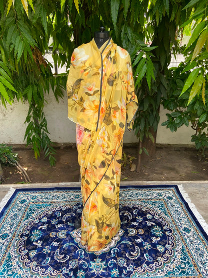 Yellow Printed French Chiffon Saree