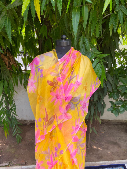 Yellow Floral Printed French Chiffon Saree