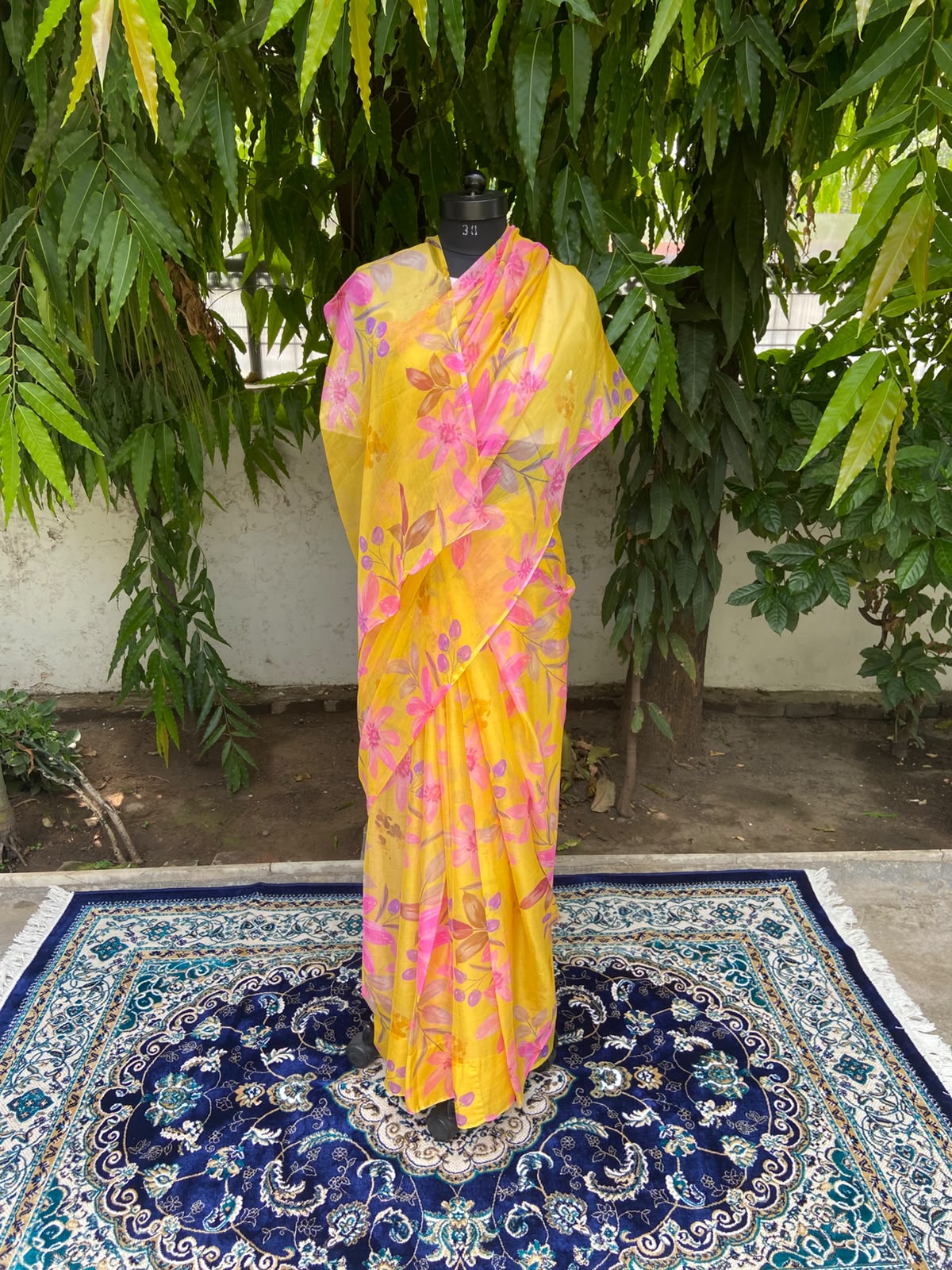 Yellow Floral Printed French Chiffon Saree