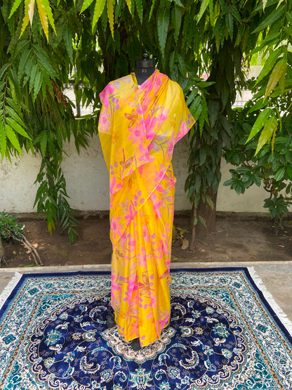 Yellow Floral Printed French Chiffon Saree