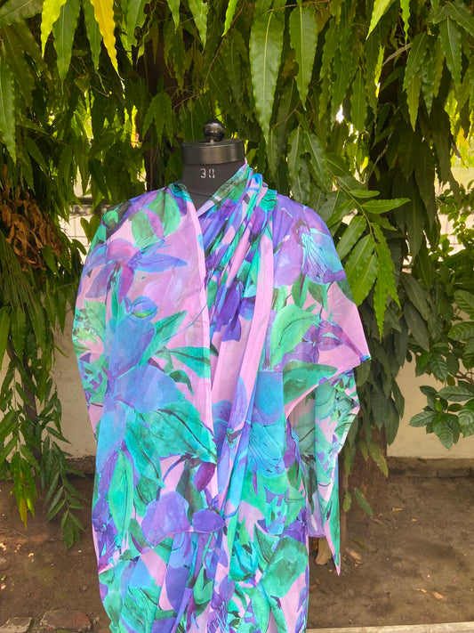 Pink Blue Printed French Chiffon Saree