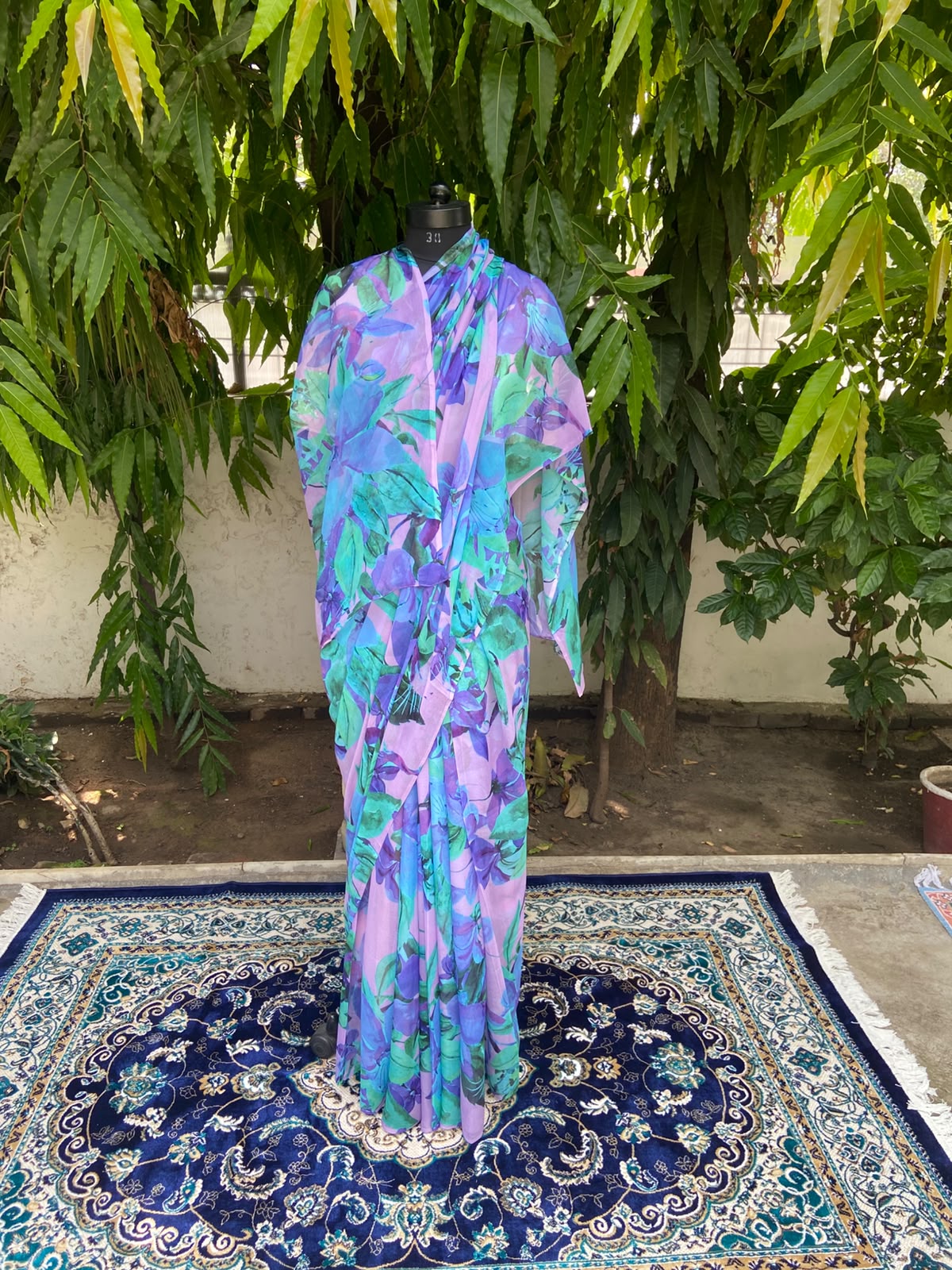 Pink Blue Printed French Chiffon Saree