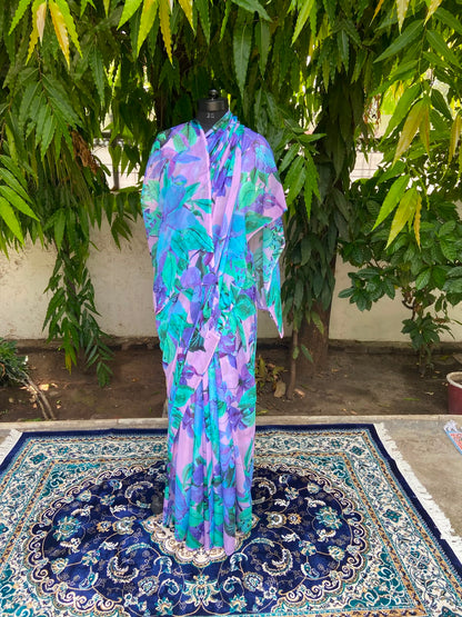 Pink Blue Printed French Chiffon Saree