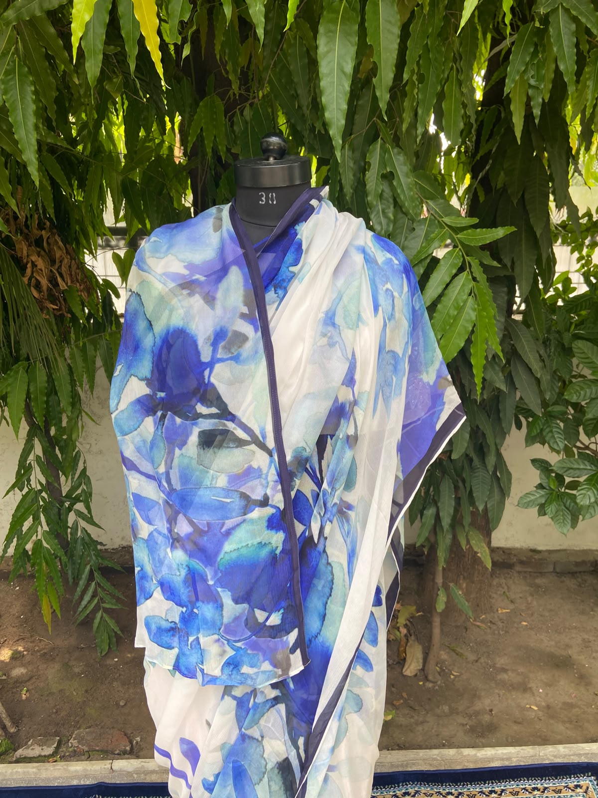 White Blue Printed French Chiffon Saree