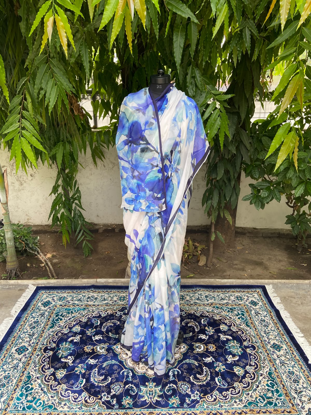 White Blue Printed French Chiffon Saree
