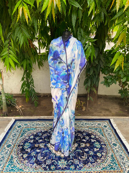 White Blue Printed French Chiffon Saree