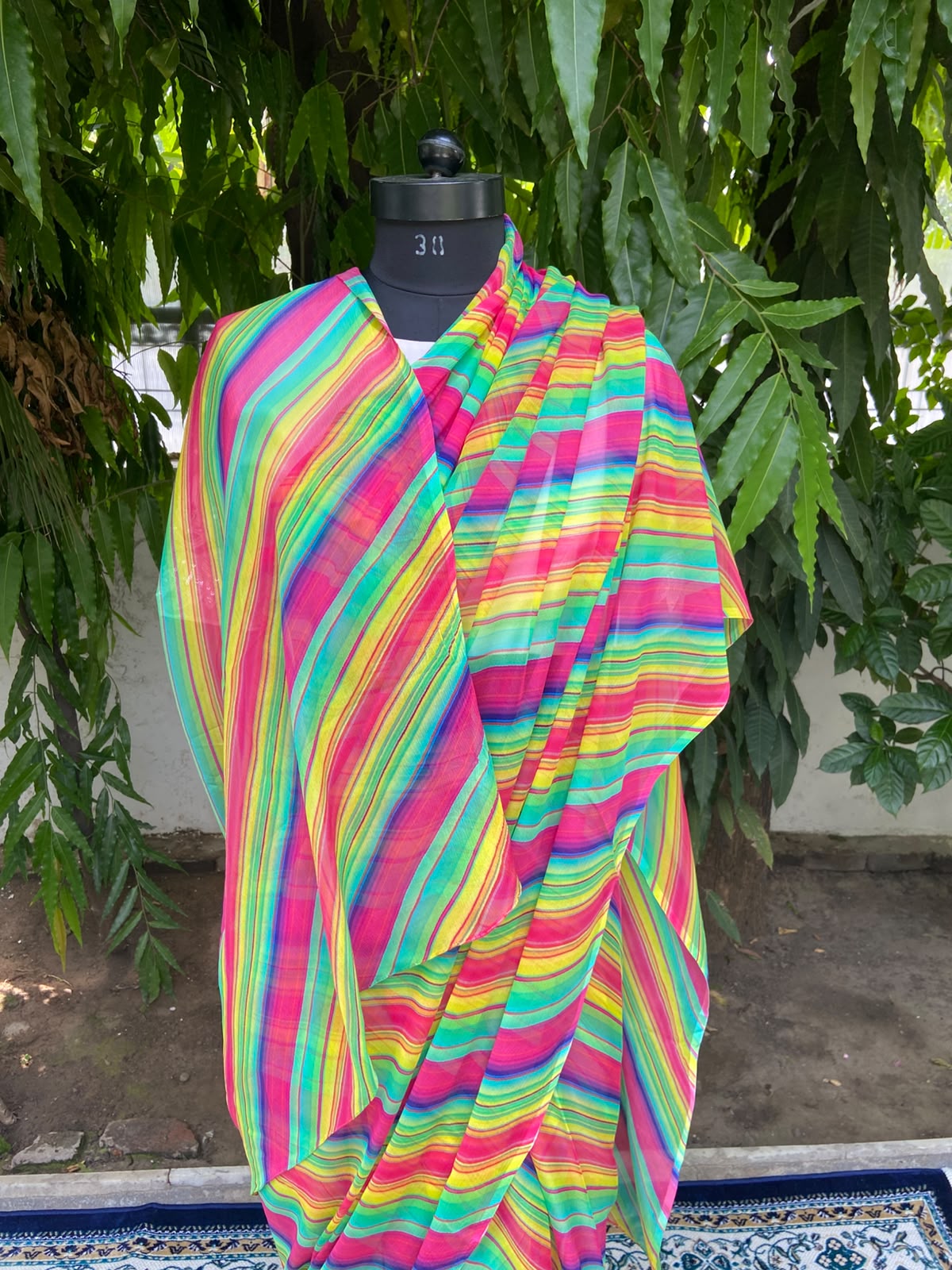 Multicolor Lehariya Chiffon Saree