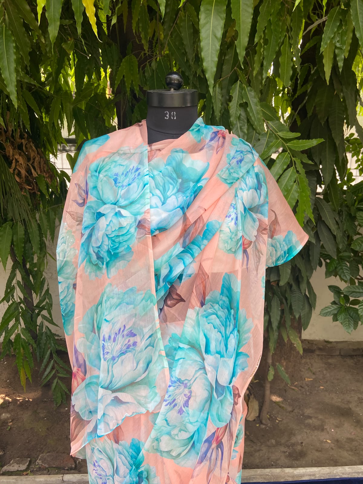 Peach Petal Printed French Chiffon Saree