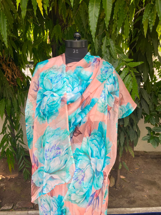 Peach Petal Printed French Chiffon Saree