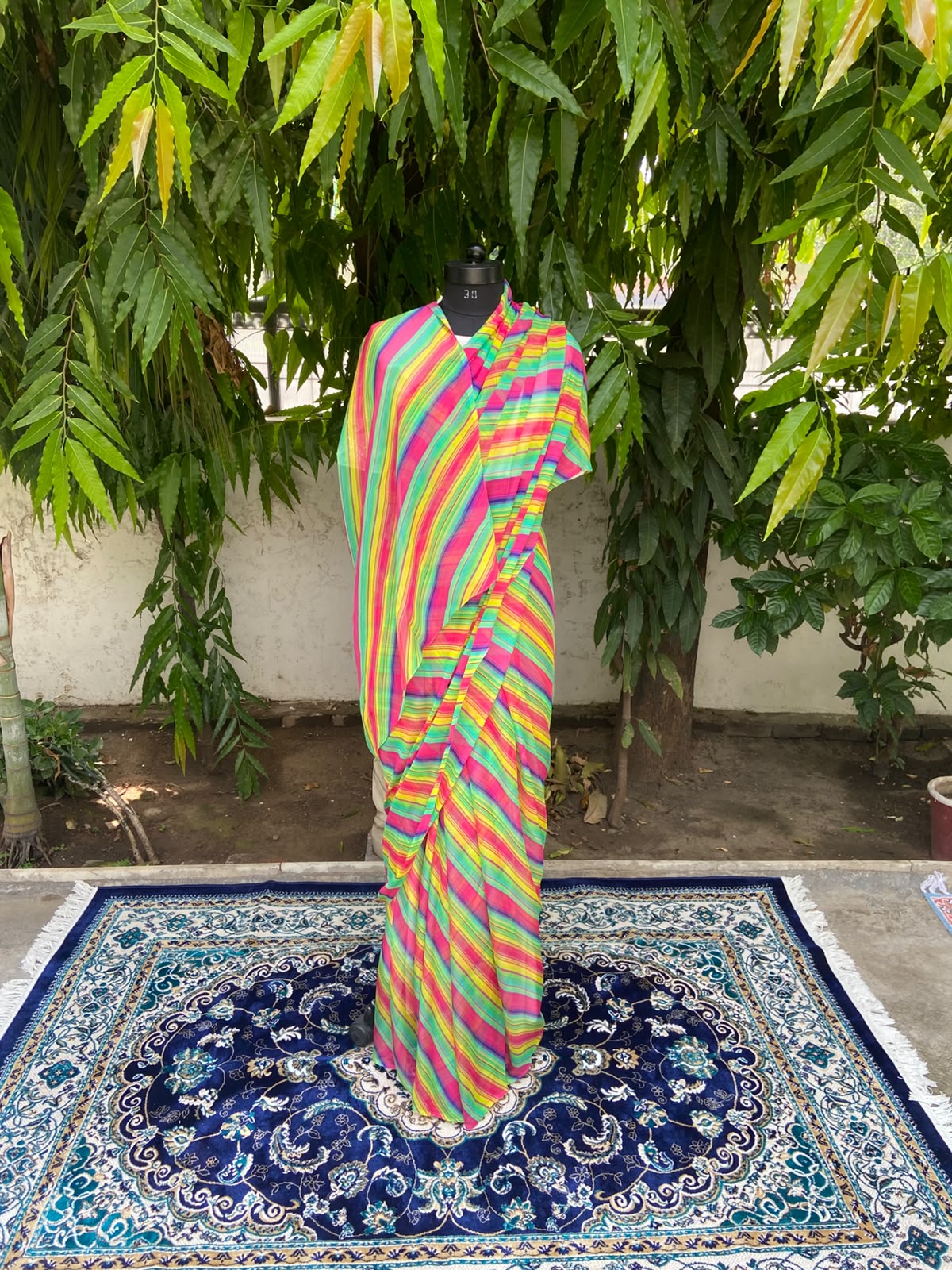 Multicolor Lehariya Chiffon Saree