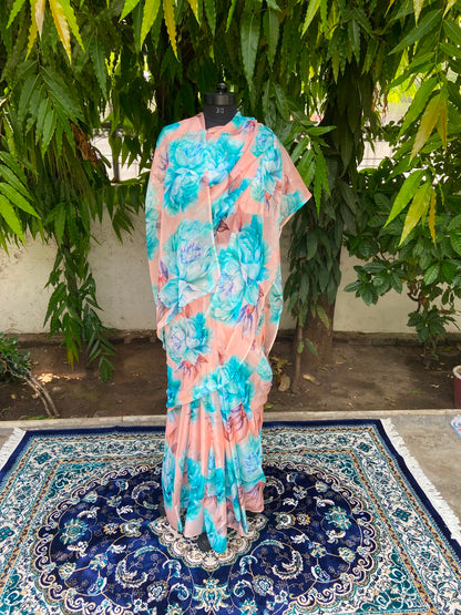 Peach Petal Printed French Chiffon Saree